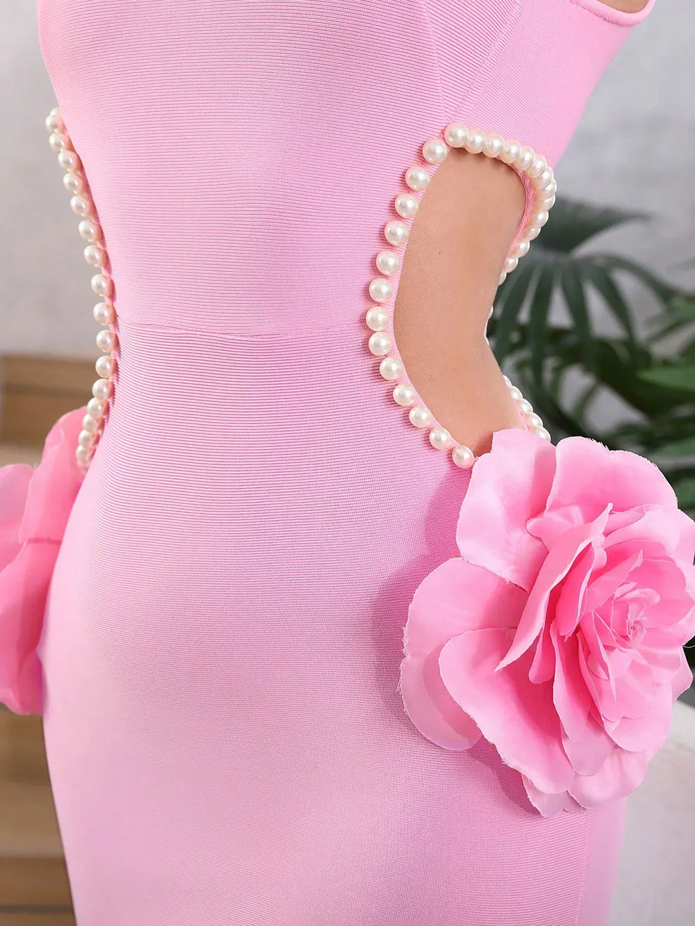 2024 Sexy Women'S Waist Exposed Pearl Flower Design Bandage Dress O-Neck Sleeveless Bodycon Long Dress Christmas Party Vestidos - Image 5