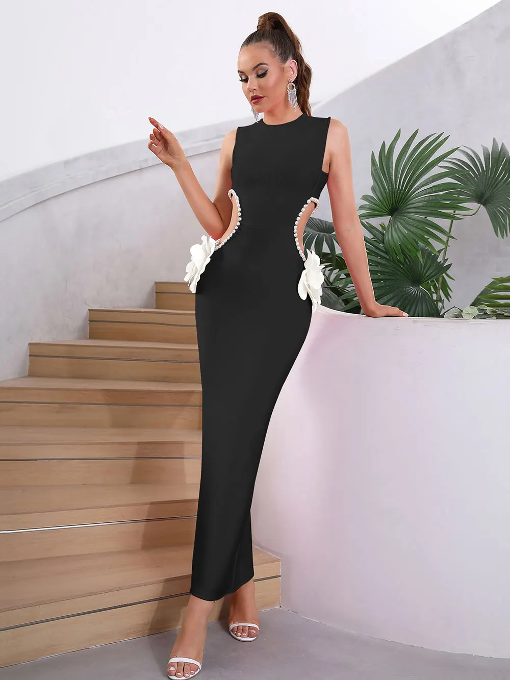 2024 Sexy Women'S Waist Exposed Pearl Flower Design Bandage Dress O-Neck Sleeveless Bodycon Long Dress Christmas Party Vestidos - Image 6