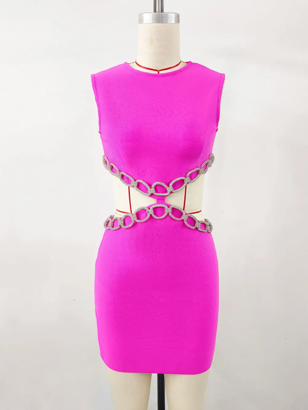 2024 Sexy Women's Waist Set with Diamond Chain Design Bandage Dress O-Neck Sleeveless Bodycon Bareback Mini Dress Party Vestidos - Image 8