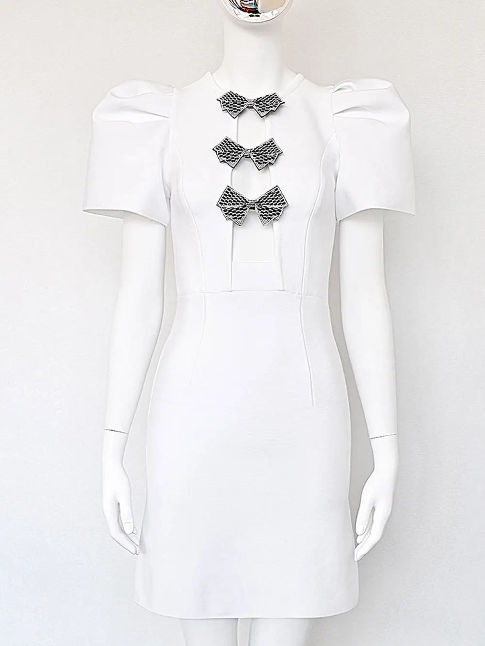 2024 Sexy Women's Water Diamond Butterfly Knot Design Bandage Dress O-Neck Bubble Short Sleeve Hollow Bodycon Mini Dress Vestido - Image 6