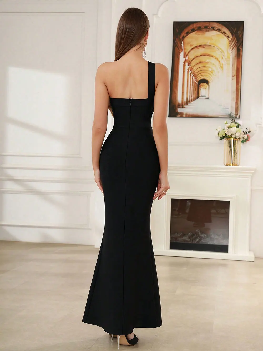 2024 Sexy Women's Wear Beaded Water Diamond Bandage Dress One Shoulder Sleeveless Bodycon Off the Back Long Dress Party Vestido - Image 4