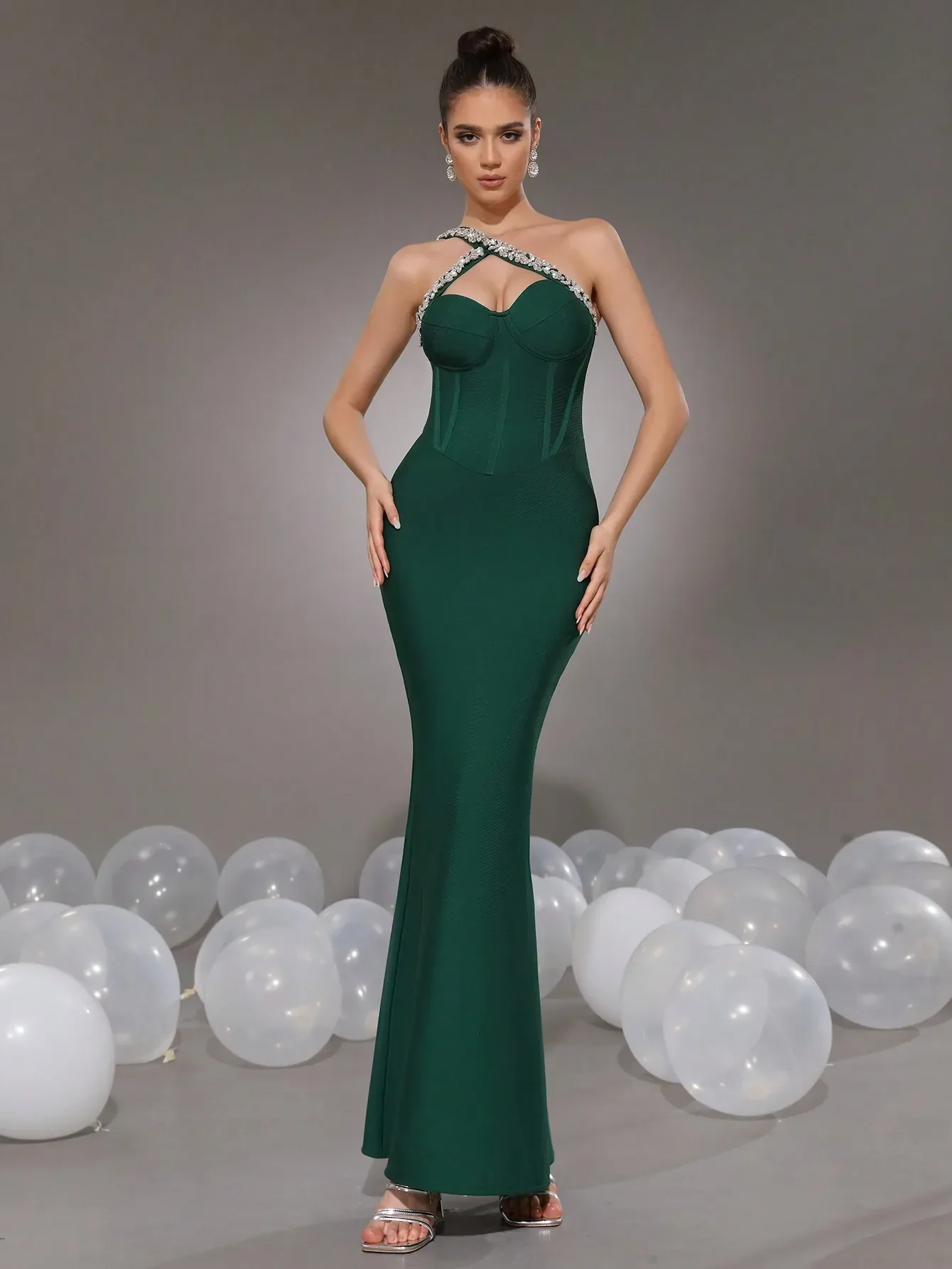 2024 Sexy Women's Wear Beaded Water Diamond Bandage Dress One Shoulder Sleeveless Bodycon Off the Back Long Dress Party Vestido - Image 5