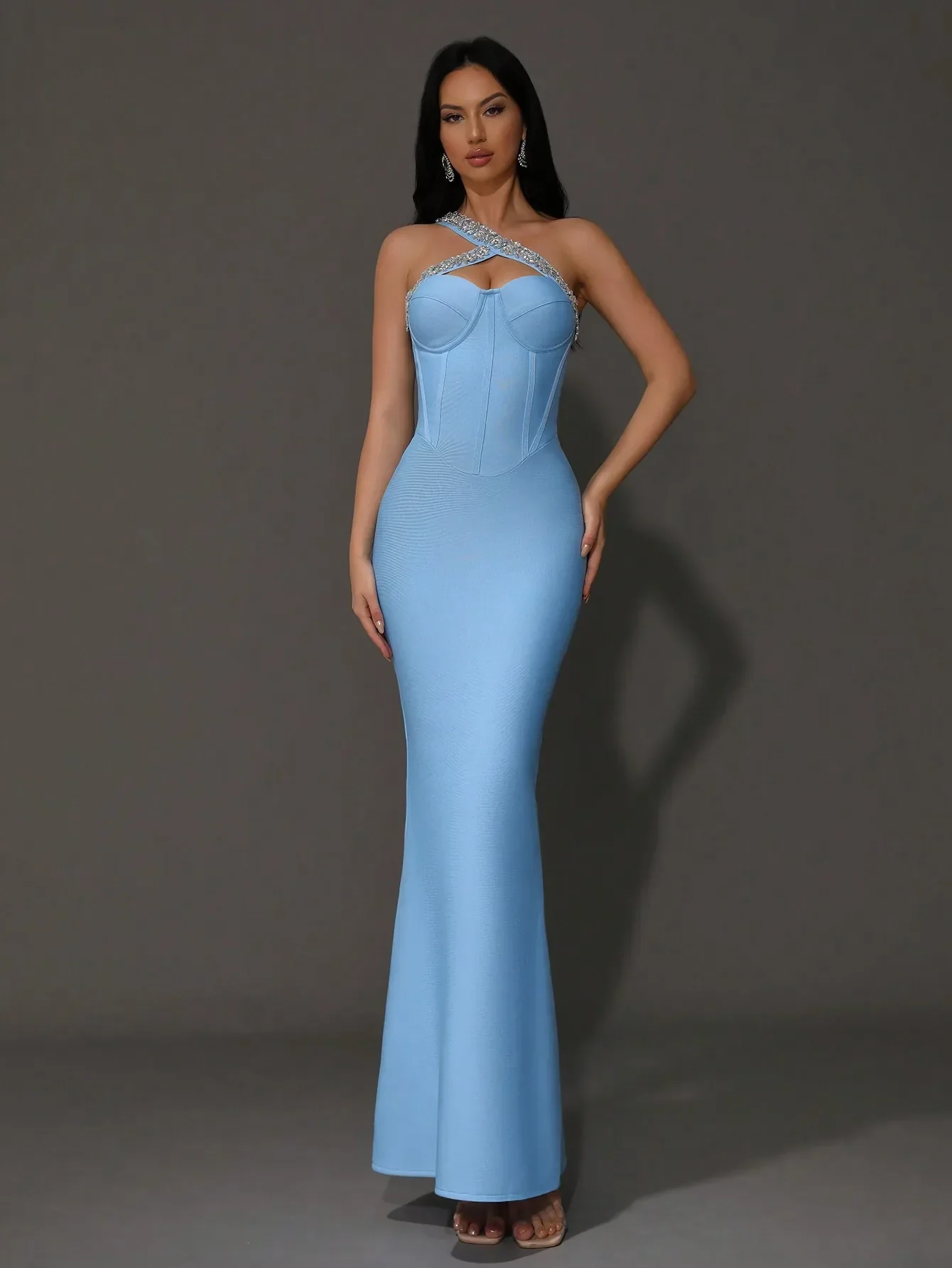 2024 Sexy Women's Wear Beaded Water Diamond Bandage Dress One Shoulder Sleeveless Bodycon Off the Back Long Dress Party Vestido - Image 8