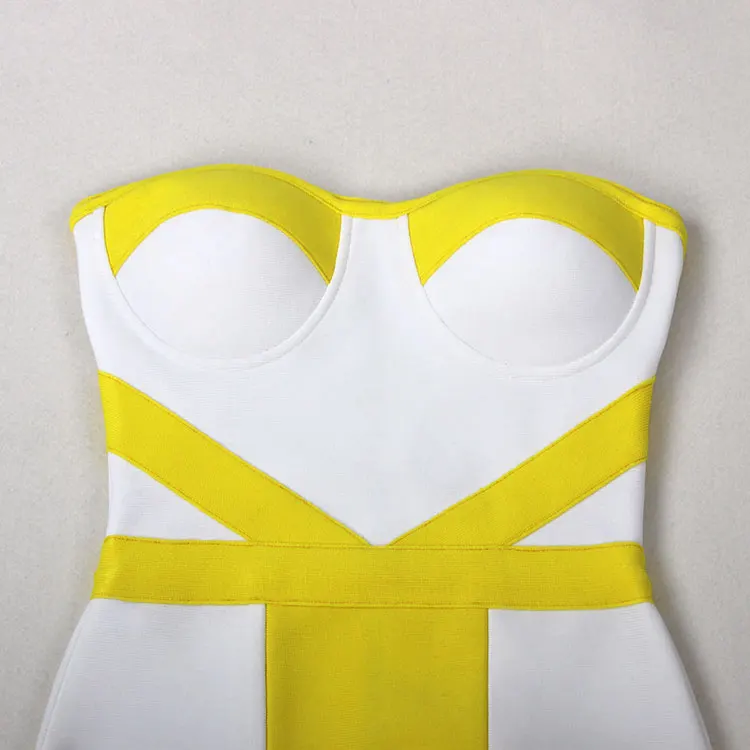 2024 Sexy Women'S Yellow Striped Patchwork White Bandage Dress Strapless Sleeveless Backless Bodycon Mini Dresses Party Vestidos - Image 4