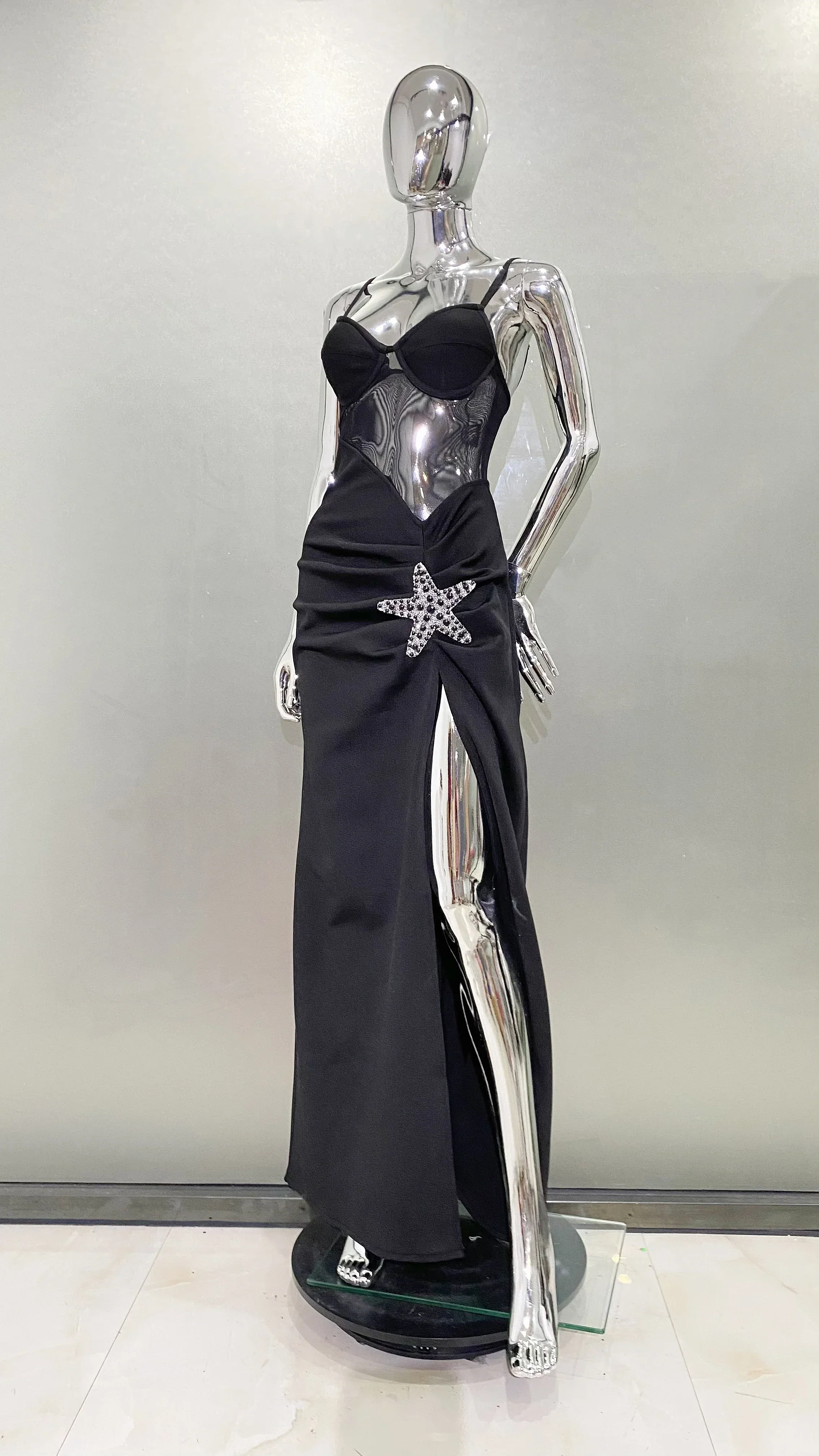 2024 Starfish Sexy See Through Mesh Patchwork Bandage Spaghetti Strap Floor Length Dress  Evening Dress Celebrity Party Outfit - Image 3