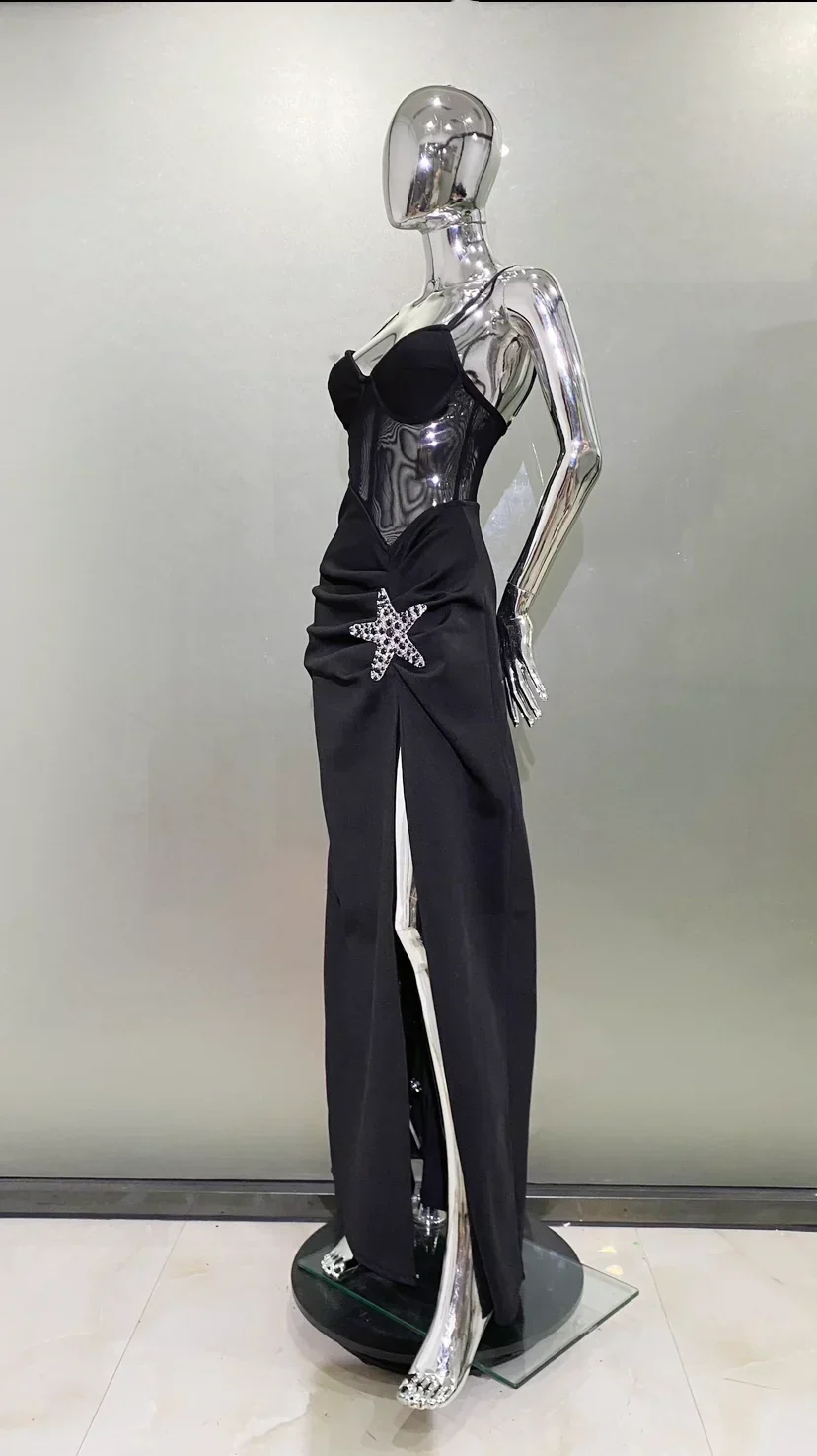 2024 Starfish Sexy See Through Mesh Patchwork Bandage Spaghetti Strap Floor Length Dress  Evening Dress Celebrity Party Outfit - Image 4