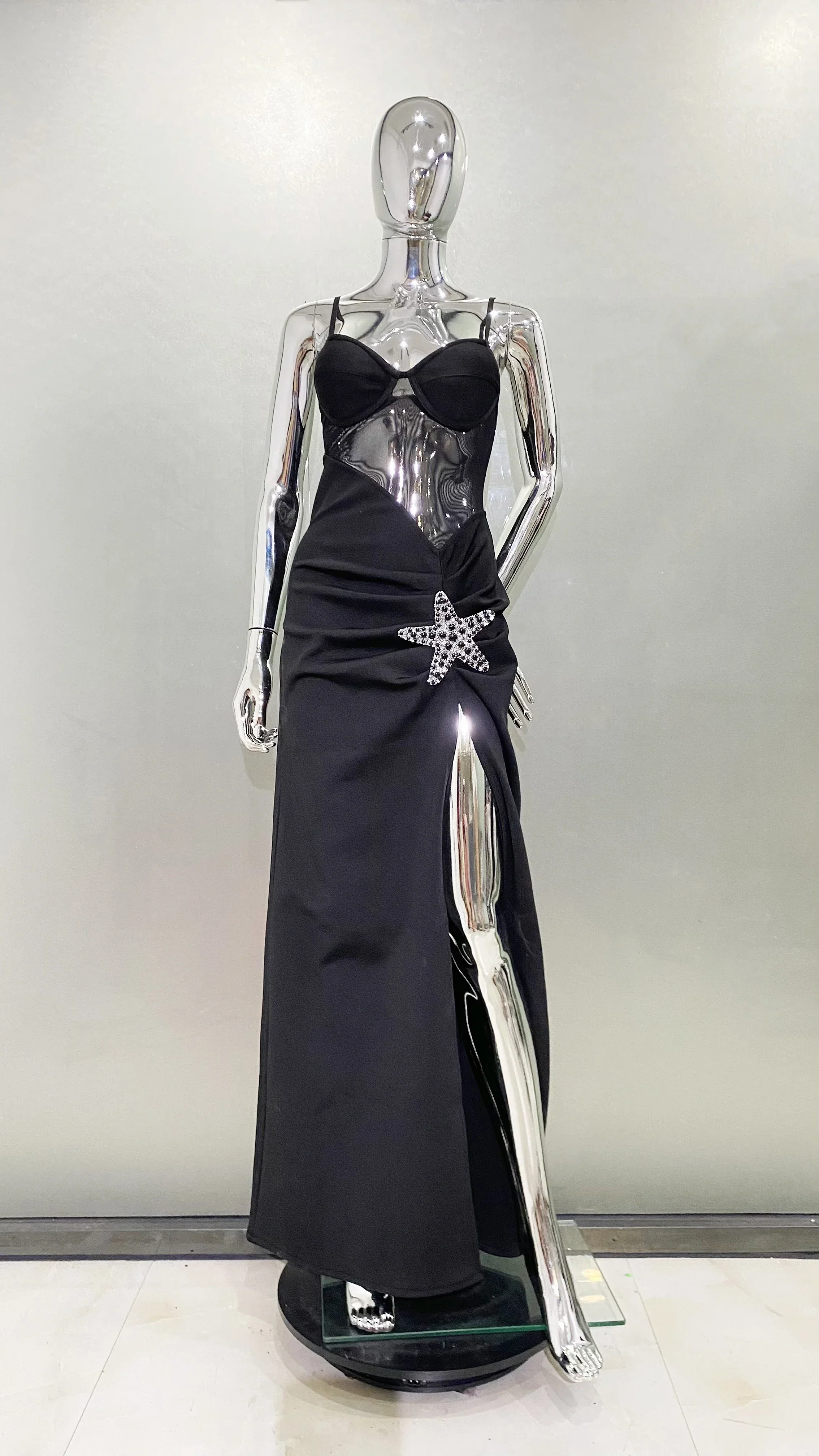 2024 Starfish Sexy See Through Mesh Patchwork Bandage Spaghetti Strap Floor Length Dress  Evening Dress Celebrity Party Outfit - Image 6
