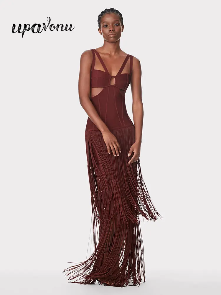 2024 Summer Sexy Tassel Bandage Dresses Women's Spaghetti Sleeveless Hollow Bodycon Long Dress Celebrity Evening Party Vesidos
