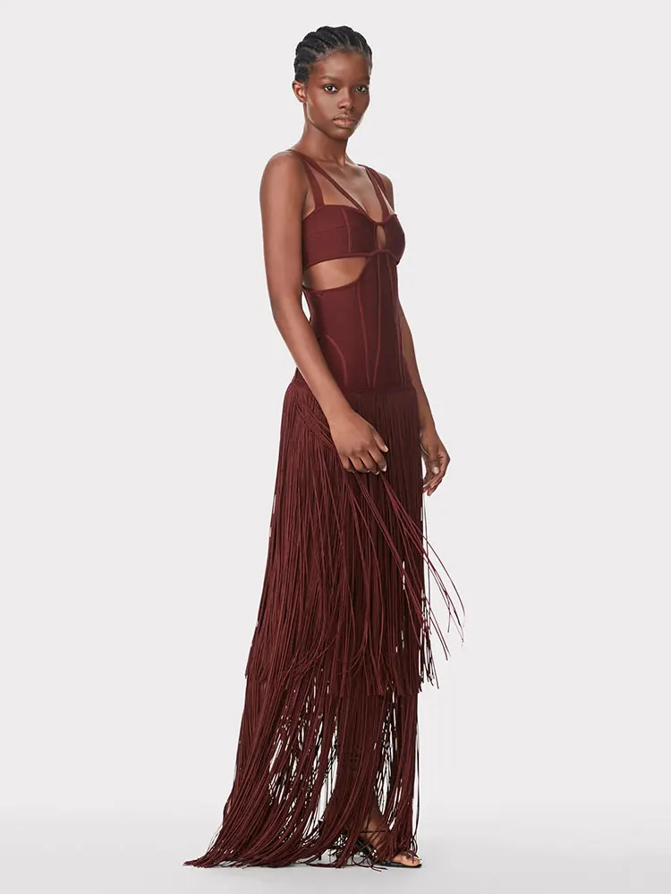 2024 Summer Sexy Tassel Bandage Dresses Women's Spaghetti Sleeveless Hollow Bodycon Long Dress Celebrity Evening Party Vesidos - Image 2