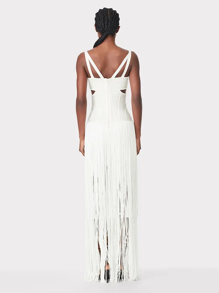 2024 Summer Sexy Tassel Bandage Dresses Women's Spaghetti Sleeveless Hollow Bodycon Long Dress Celebrity Evening Party Vesidos - Image 3