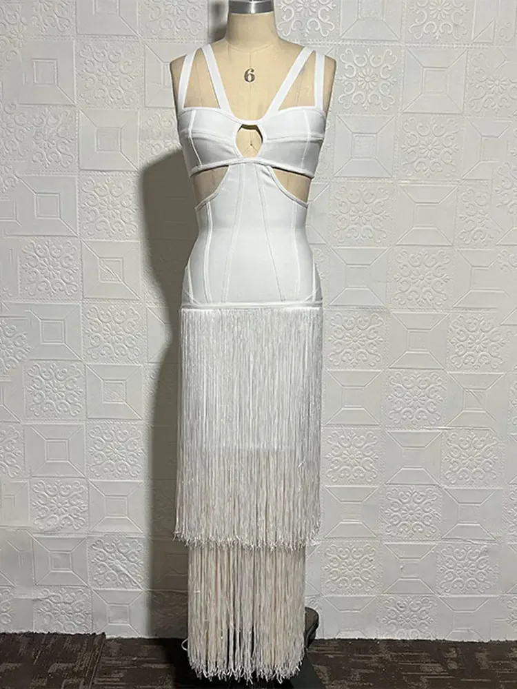 2024 Summer Sexy Tassel Bandage Dresses Women's Spaghetti Sleeveless Hollow Bodycon Long Dress Celebrity Evening Party Vesidos - Image 4