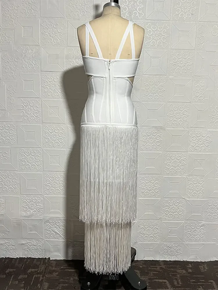 2024 Summer Sexy Tassel Bandage Dresses Women's Spaghetti Sleeveless Hollow Bodycon Long Dress Celebrity Evening Party Vesidos - Image 5