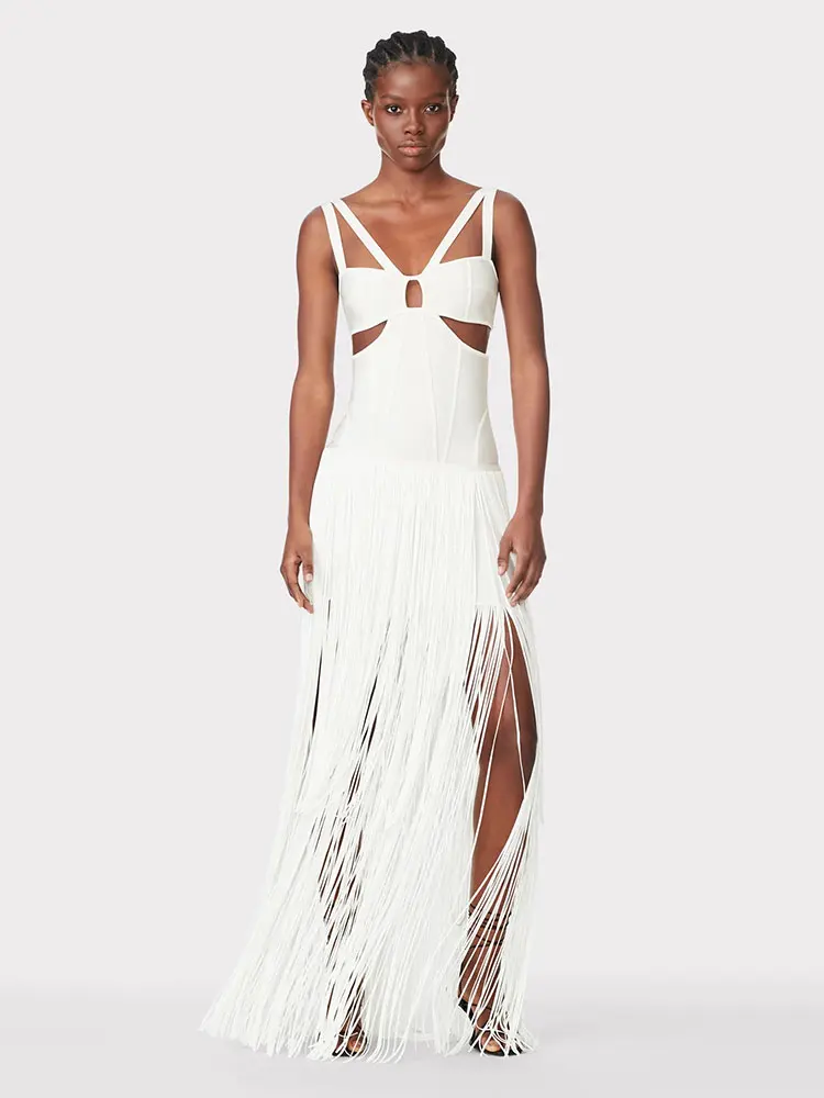2024 Summer Sexy Tassel Bandage Dresses Women's Spaghetti Sleeveless Hollow Bodycon Long Dress Celebrity Evening Party Vesidos - Image 7