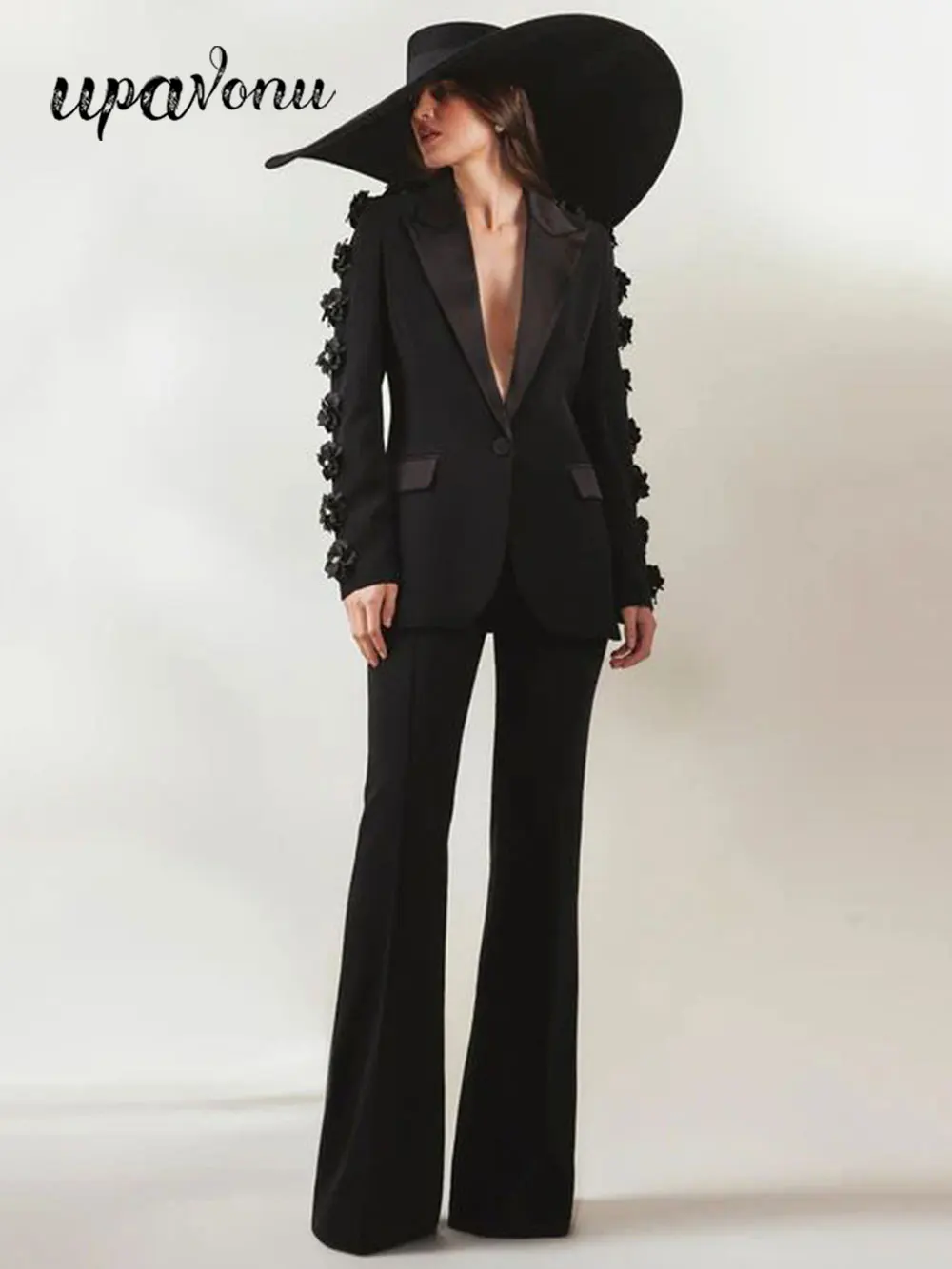 2024  Women Suit Pants Set with Collar, Long Sleeve, Three Dimensional Flower Decoration, Slim Fit Suit Coat+Two Piece Pants Set
