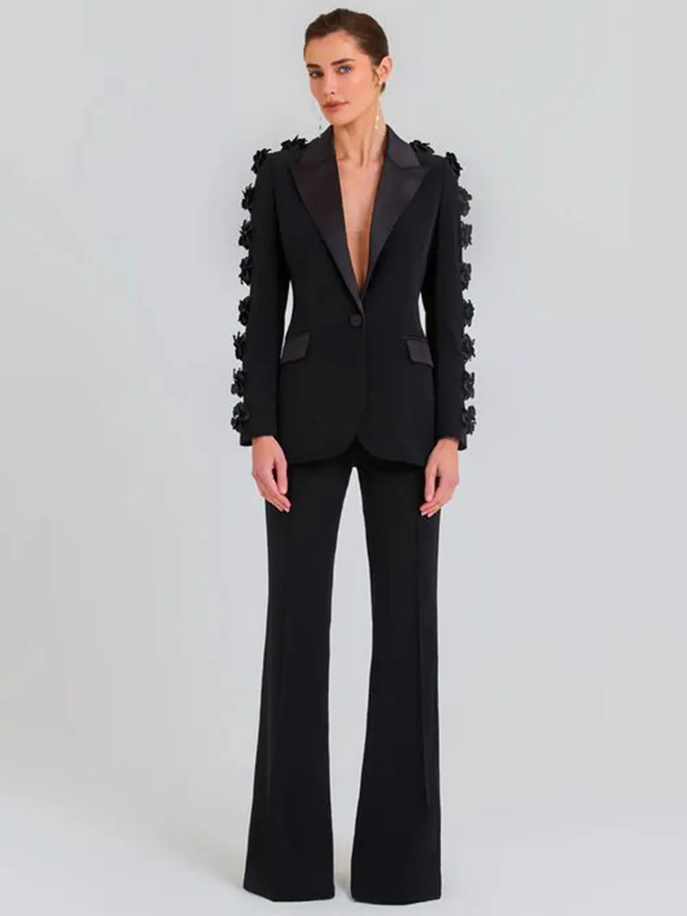 2024  Women Suit Pants Set with Collar, Long Sleeve, Three Dimensional Flower Decoration, Slim Fit Suit Coat+Two Piece Pants Set - Image 2