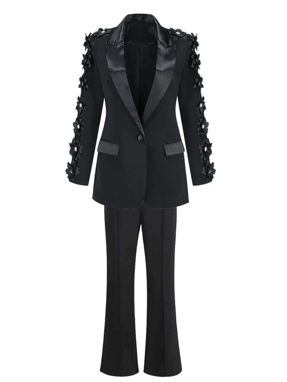 2024  Women Suit Pants Set with Collar, Long Sleeve, Three Dimensional Flower Decoration, Slim Fit Suit Coat+Two Piece Pants Set - Image 3