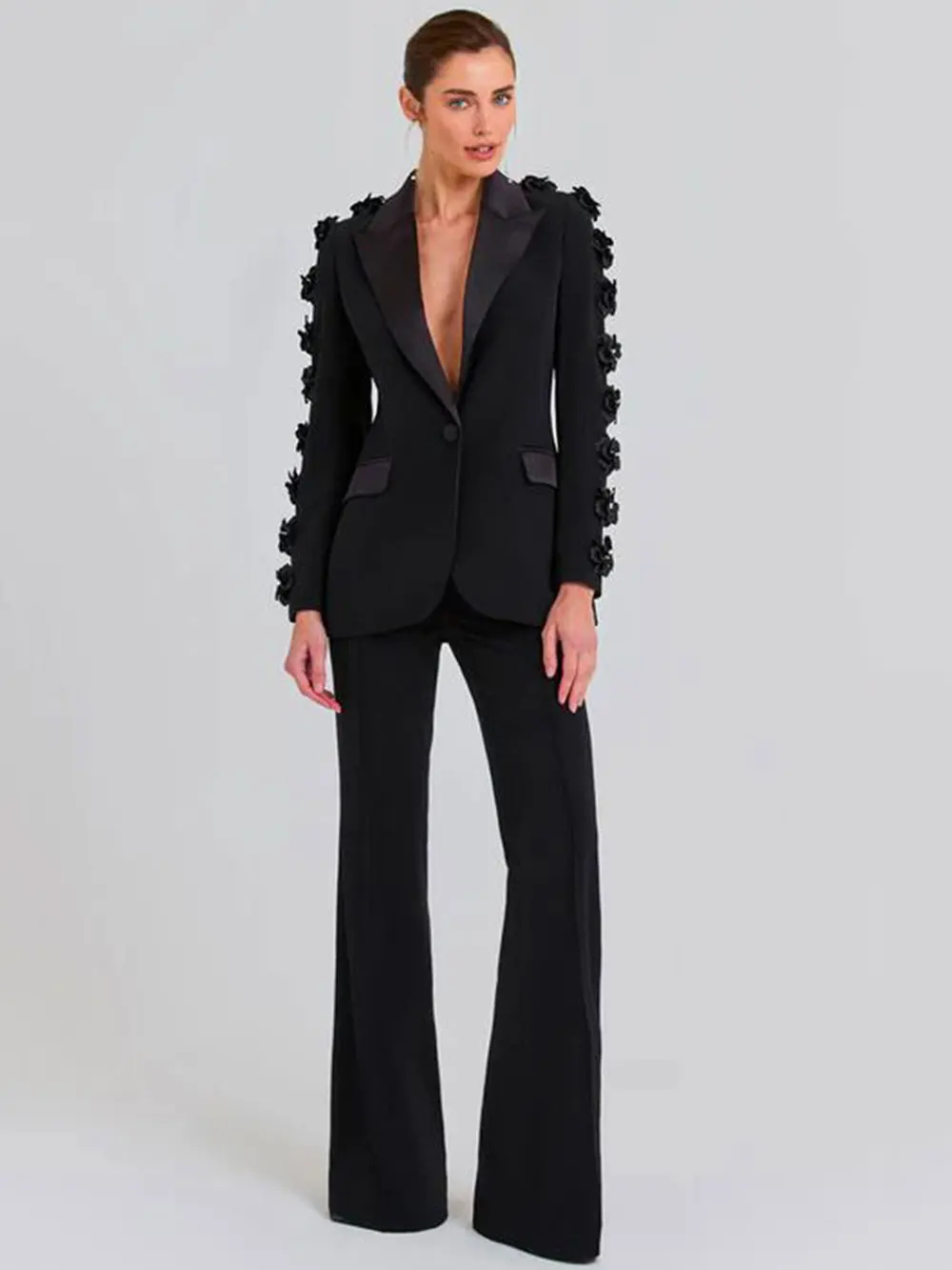 2024  Women Suit Pants Set with Collar, Long Sleeve, Three Dimensional Flower Decoration, Slim Fit Suit Coat+Two Piece Pants Set - Image 7