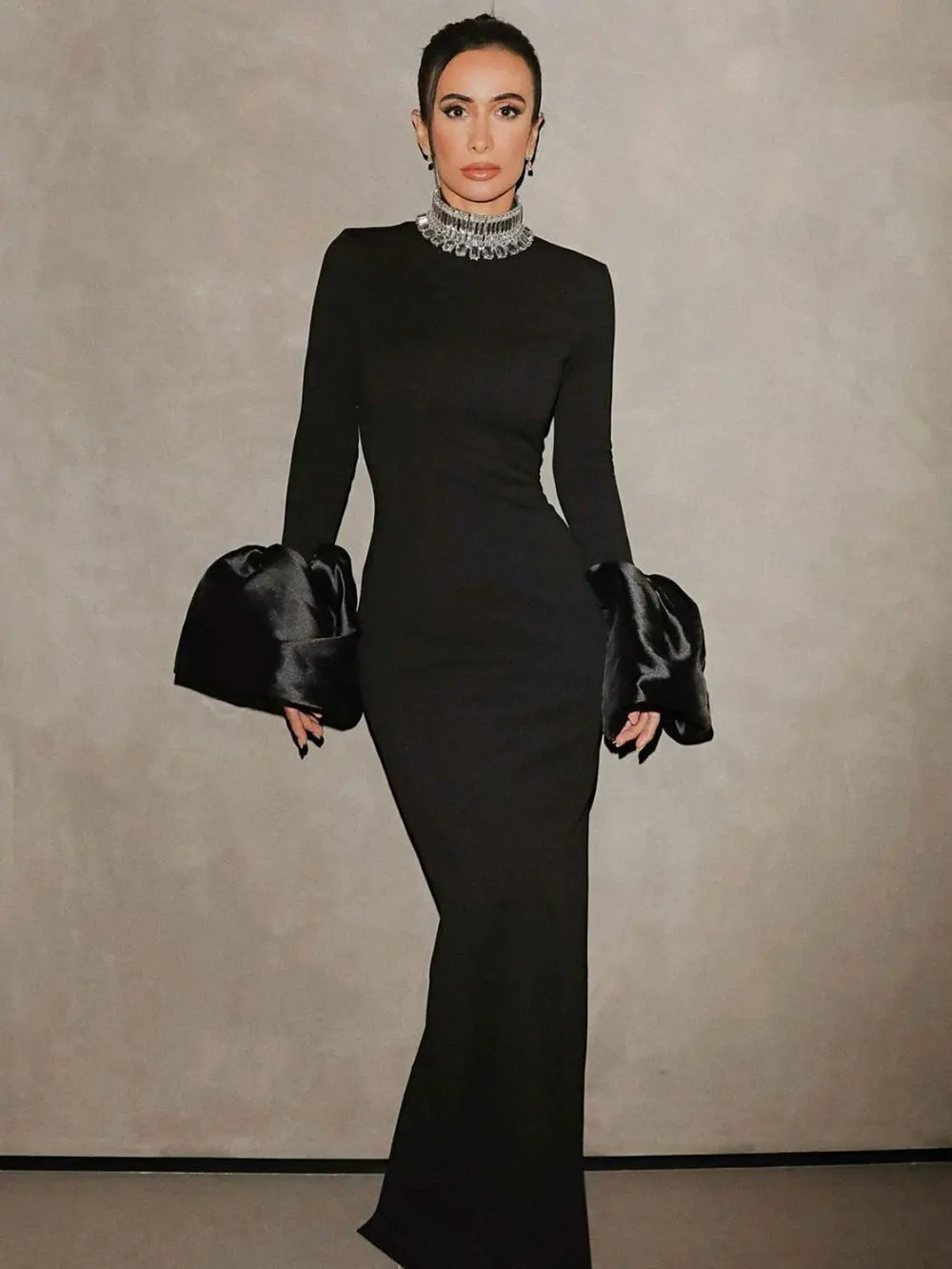 2024 Women's Light Luxury Beaded Elegant Bandage Dress Stand Collar Horn Sleeve Bodycon Long Dresses Evening Club Party Vestidos - Image 2
