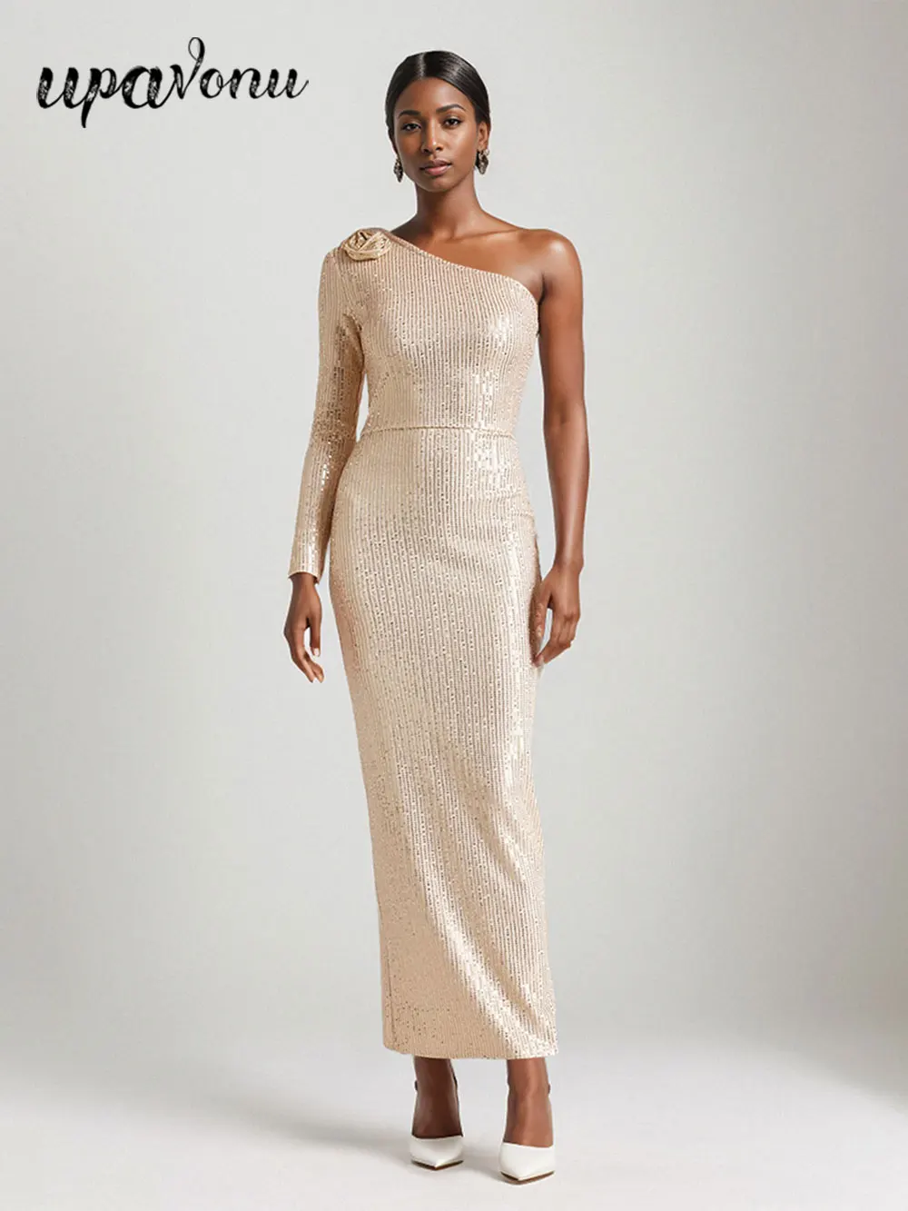 2024 Women's Light Luxury Glitter Dress with Diagonal Collar Single Shoulder Sleeve 3D Flower Decoration Bodycon Long Dresses