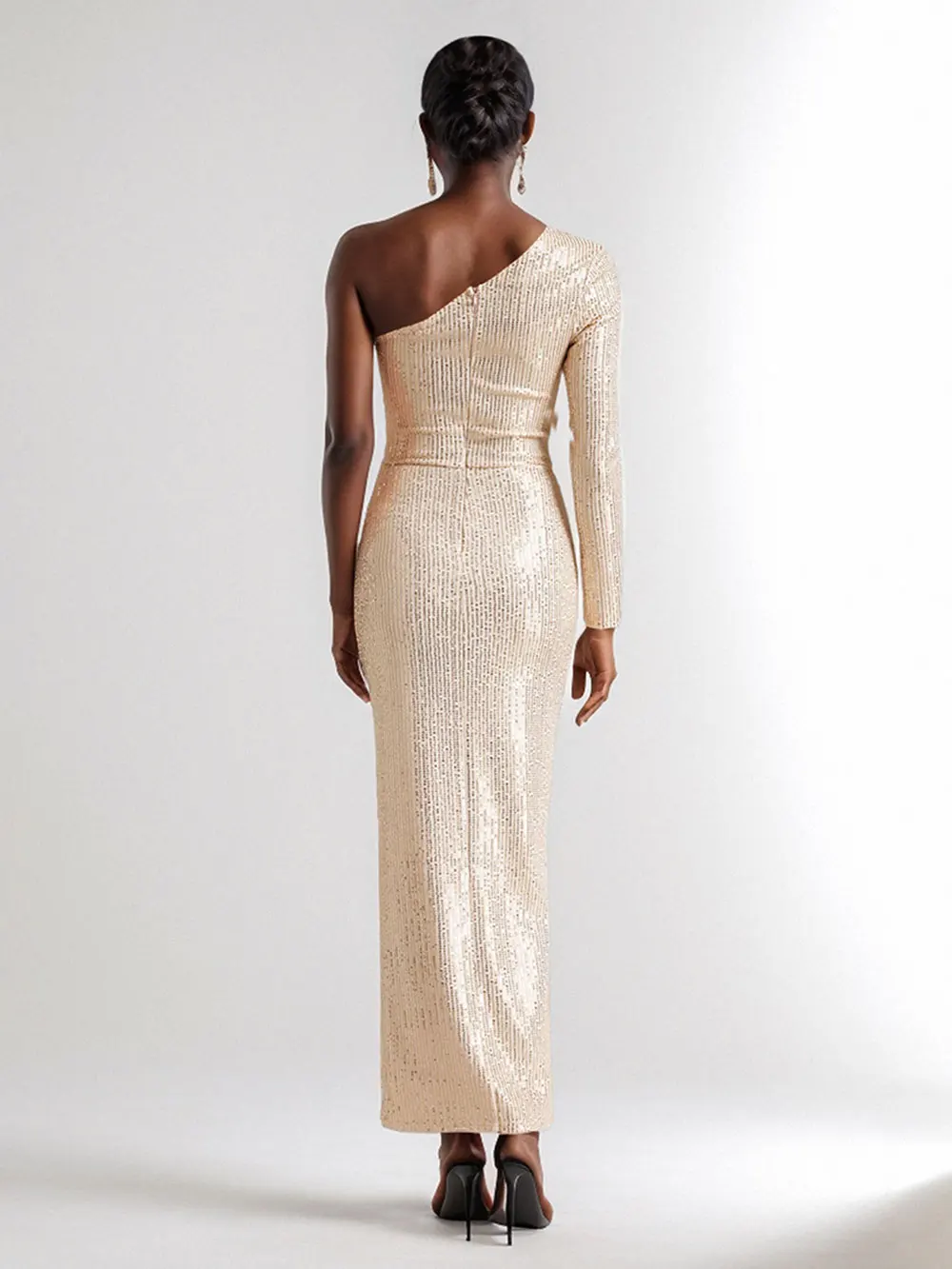 2024 Women's Light Luxury Glitter Dress with Diagonal Collar Single Shoulder Sleeve 3D Flower Decoration Bodycon Long Dresses - Image 2