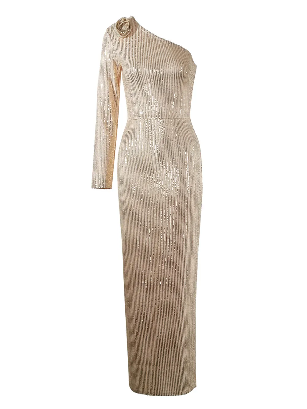 2024 Women's Light Luxury Glitter Dress with Diagonal Collar Single Shoulder Sleeve 3D Flower Decoration Bodycon Long Dresses - Image 5