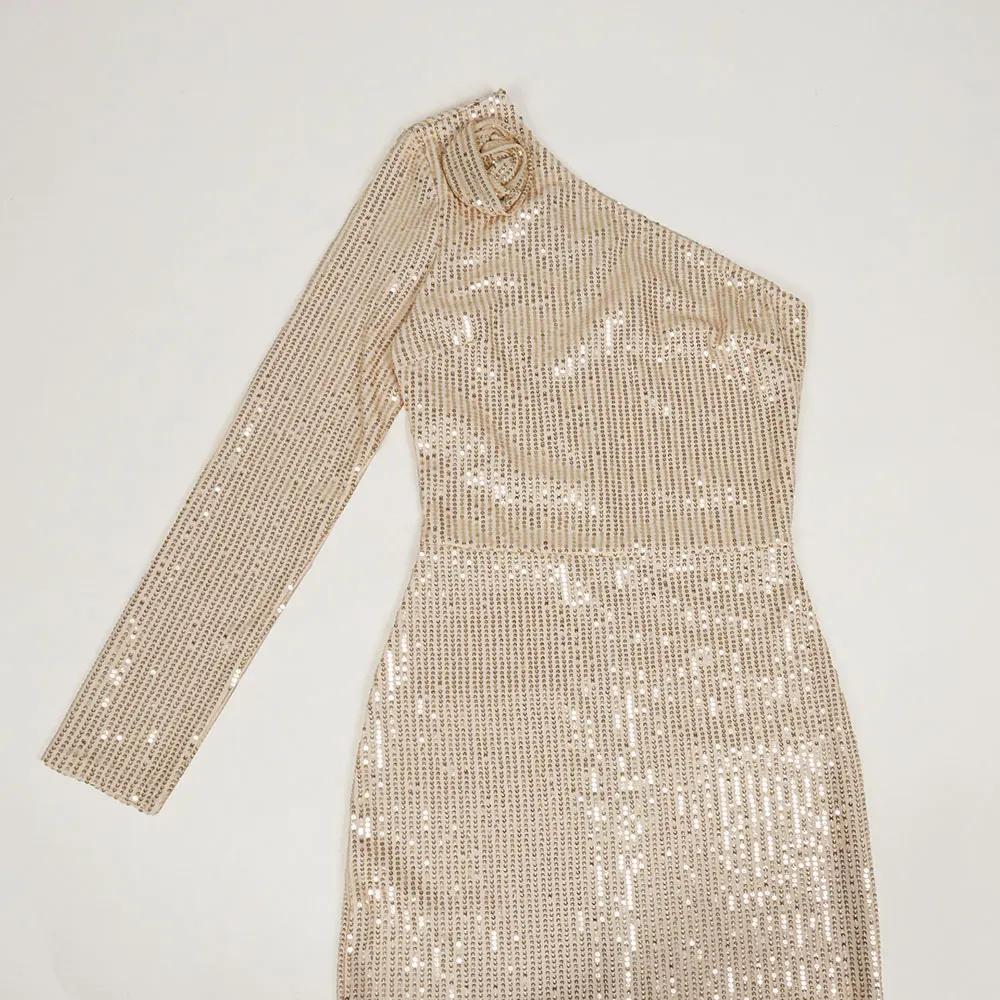 2024 Women's Light Luxury Glitter Dress with Diagonal Collar Single Shoulder Sleeve 3D Flower Decoration Bodycon Long Dresses - Image 6