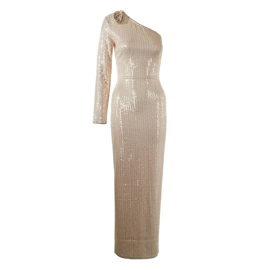 2024 Women's Light Luxury Glitter Dress with Diagonal Collar Single Shoulder Sleeve 3D Flower Decoration Bodycon Long Dresses - Image 7