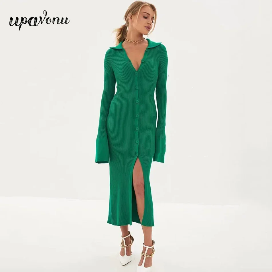 Autumn Bodycon Dress Sweater Knitted Green Women Sexy Midi Split V Neck Long Sleeve Casual Dresses Party Vestidos - Image 4
