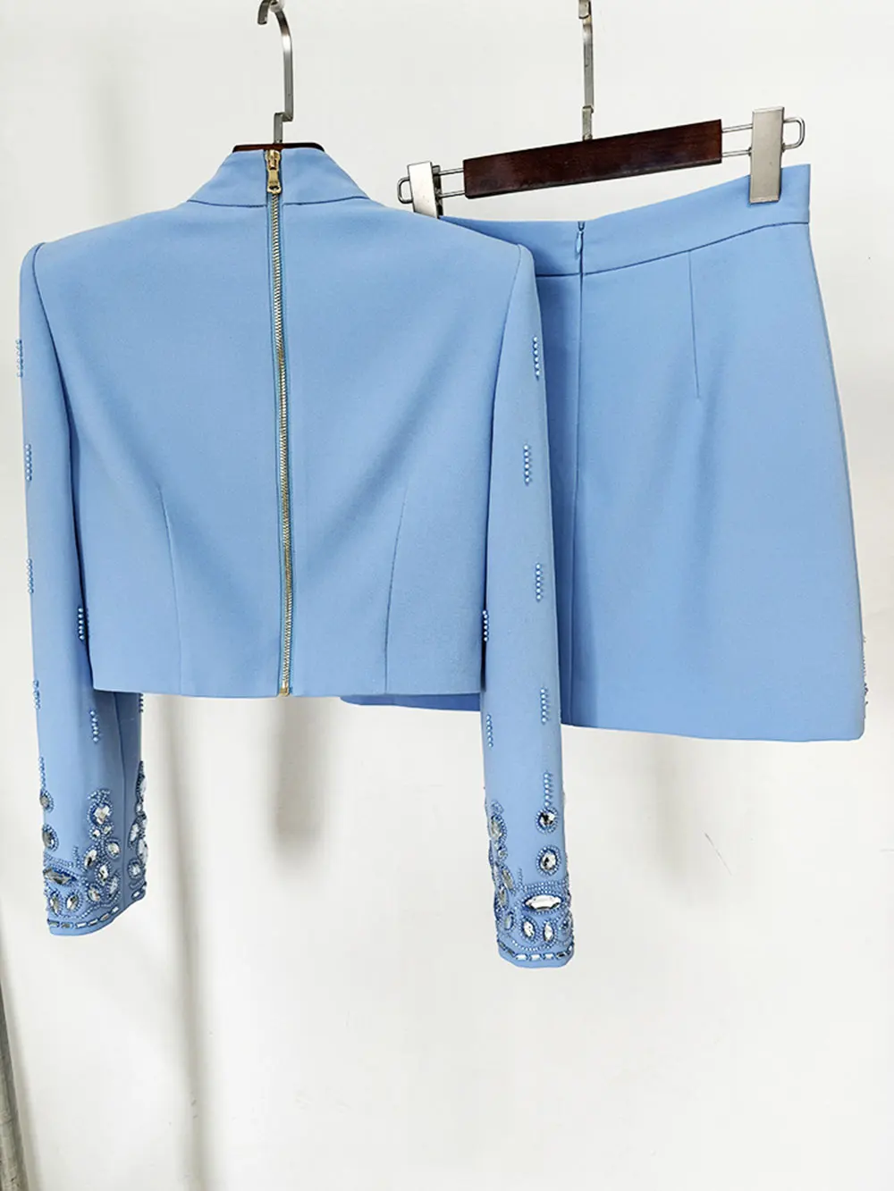 Autumn Elegant Women's Nail Pearl Water Diamond Blue Skirt Sets O-neck Long Sleeve Hoodie Top+Mini Skirt Two Piece Set - Image 2