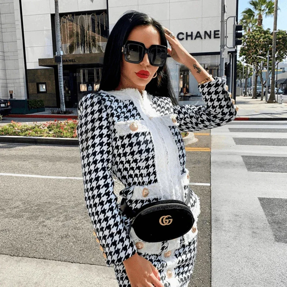 Autumn Women'S Houndstooth Tweed 2 Piece Sets Of Sexy Long-Sleeved Round Neck Button Coat + Short Pencil Skirt Party Suits - Image 2