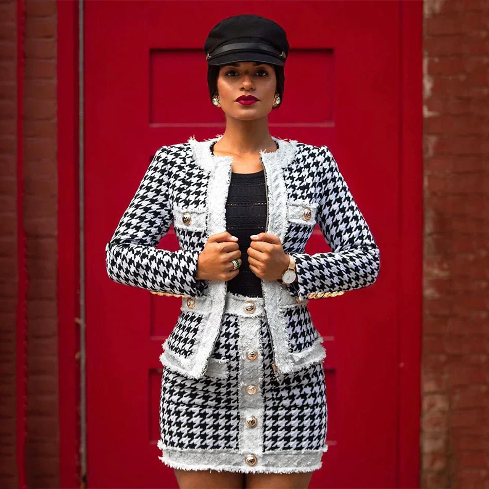 Autumn Women'S Houndstooth Tweed 2 Piece Sets Of Sexy Long-Sleeved Round Neck Button Coat + Short Pencil Skirt Party Suits - Image 5