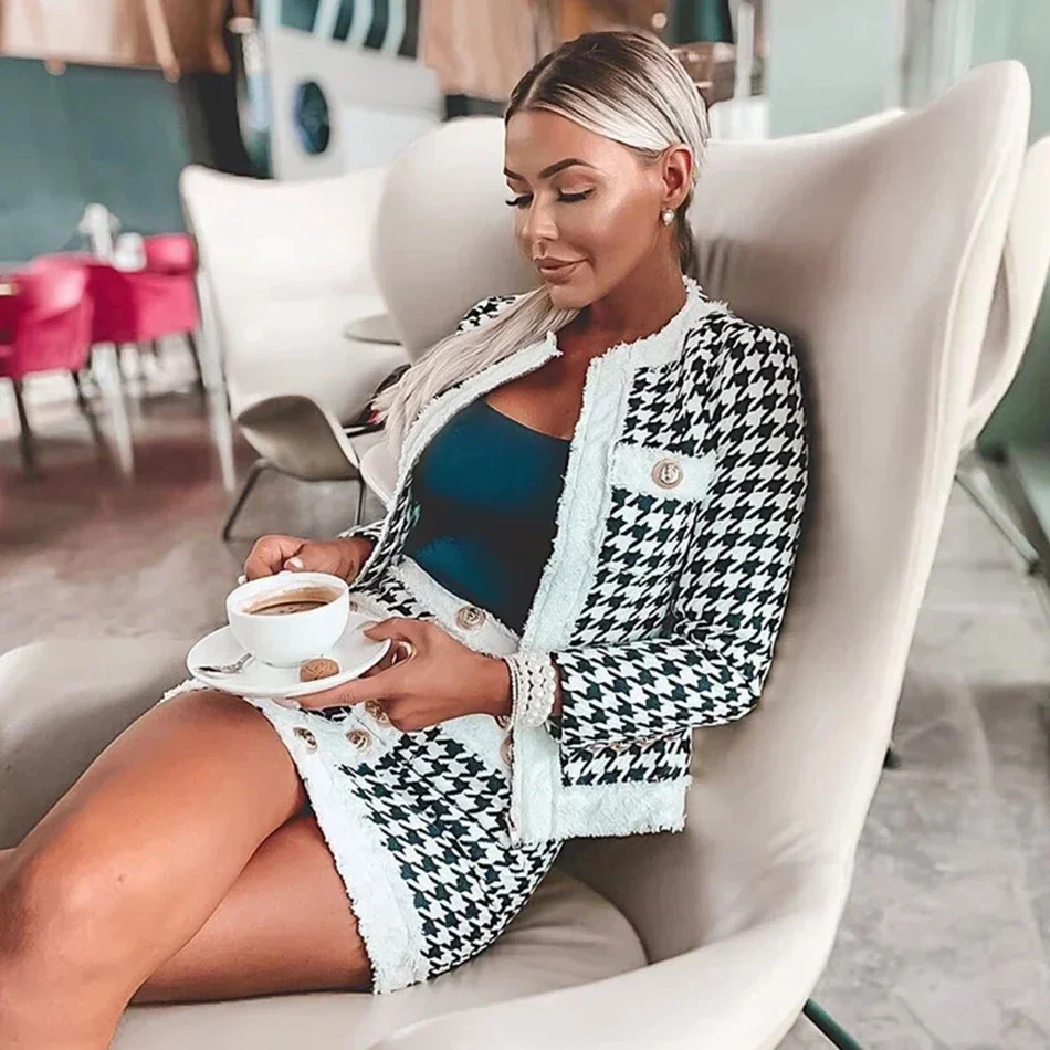 Autumn Women'S Houndstooth Tweed 2 Piece Sets Of Sexy Long-Sleeved Round Neck Button Coat + Short Pencil Skirt Party Suits - Image 6