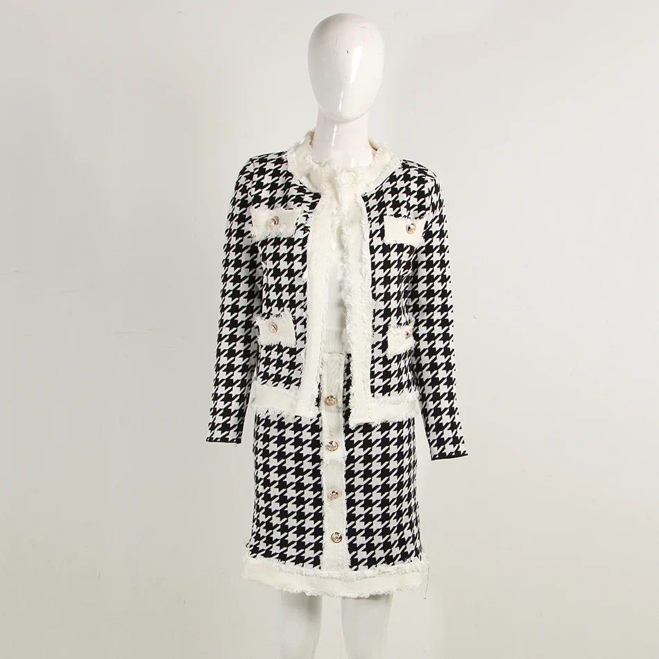 Autumn Women'S Houndstooth Tweed 2 Piece Sets Of Sexy Long-Sleeved Round Neck Button Coat + Short Pencil Skirt Party Suits - Image 7