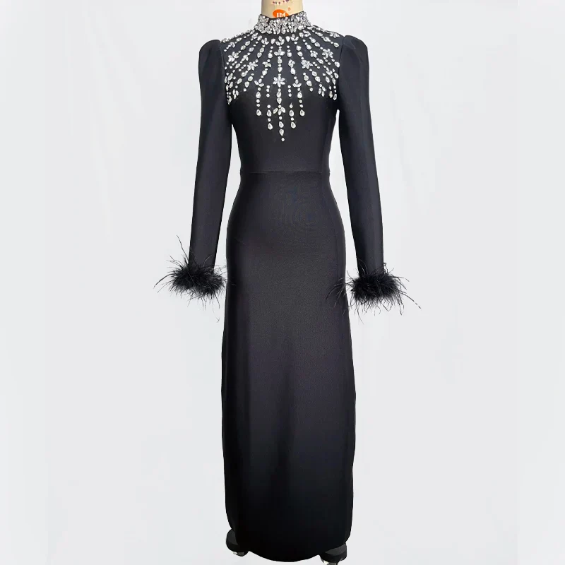 Black Red Color Women Long Sleeve Shinning Crystals Long Maxi Dress Celebrate Elegant Evening Party Outfit Vestido - Image 4