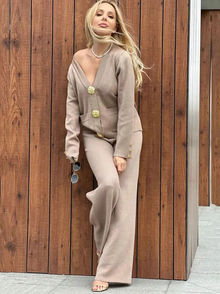 Casual Women's Knitted Pants Set V-neck Long sleeved Single breasted Knitted Sweater Cardigan+Flare Pants Two piece Set - Image 2