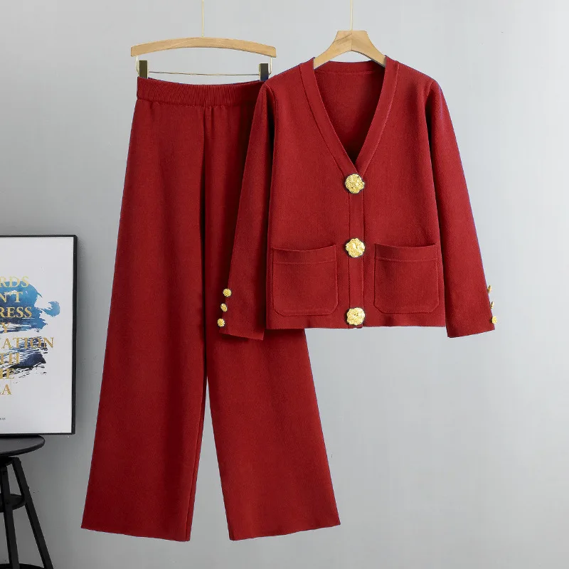 Casual Women's Knitted Pants Set V-neck Long sleeved Single breasted Knitted Sweater Cardigan+Flare Pants Two piece Set - Image 4