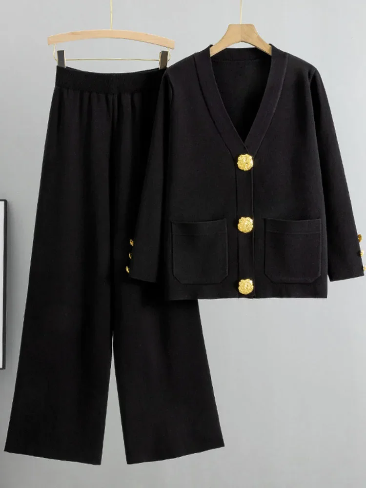 Casual Women's Knitted Pants Set V-neck Long sleeved Single breasted Knitted Sweater Cardigan+Flare Pants Two piece Set - Image 5
