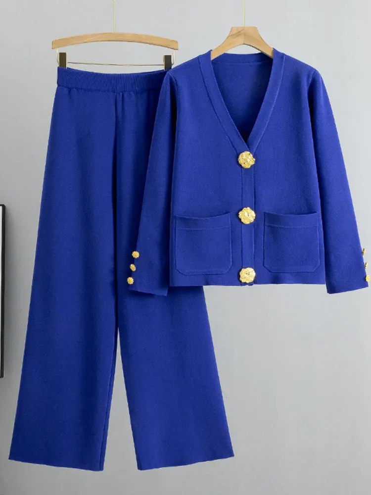 Casual Women's Knitted Pants Set V-neck Long sleeved Single breasted Knitted Sweater Cardigan+Flare Pants Two piece Set - Image 6