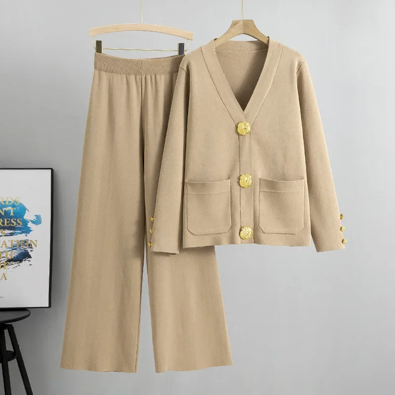 Casual Women's Knitted Pants Set V-neck Long sleeved Single breasted Knitted Sweater Cardigan+Flare Pants Two piece Set - Image 7