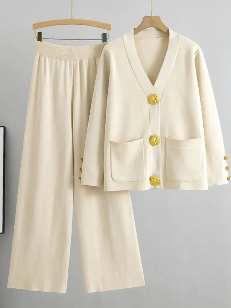 Casual Women's Knitted Pants Set V-neck Long sleeved Single breasted Knitted Sweater Cardigan+Flare Pants Two piece Set - Image 8