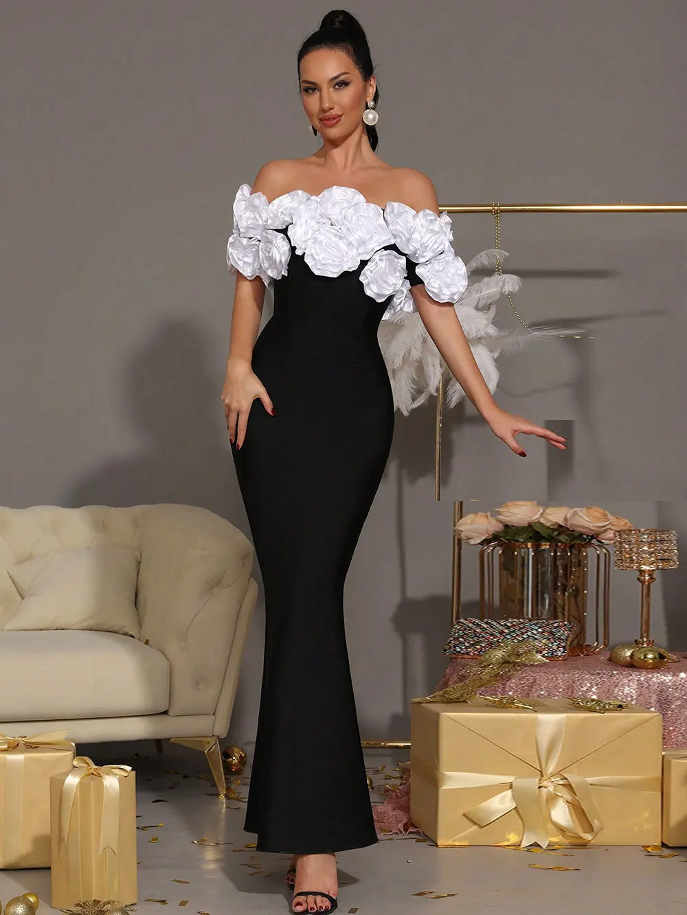 Elegant Women Light Luxury Flower Design Bandage Dress with One Collar Shoulders Bodycon Banquet President's Dress Vestidos - Image 3