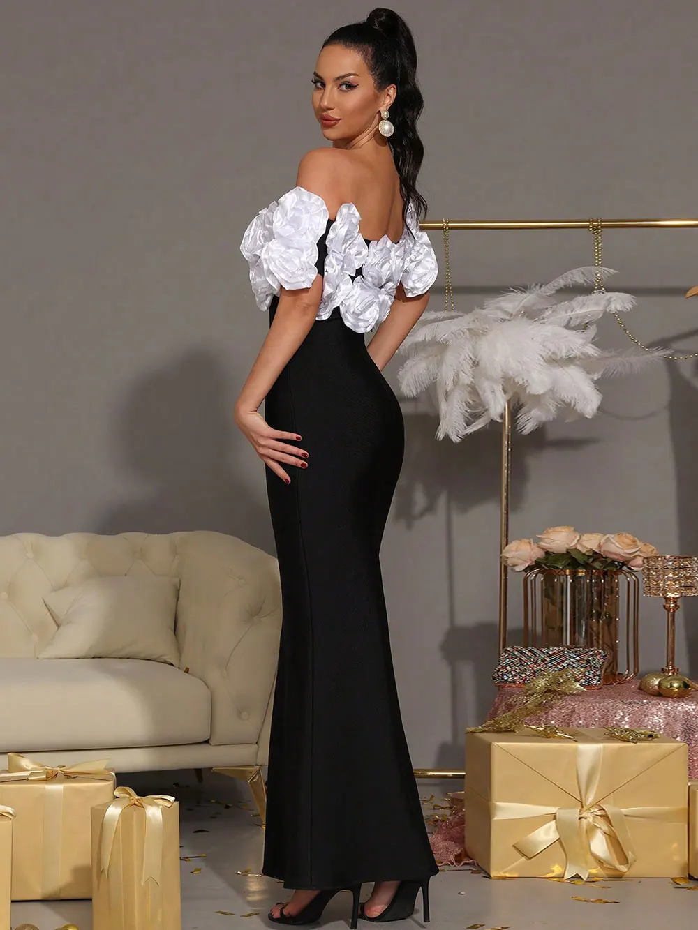 Elegant Women Light Luxury Flower Design Bandage Dress with One Collar Shoulders Bodycon Banquet President's Dress Vestidos - Image 4