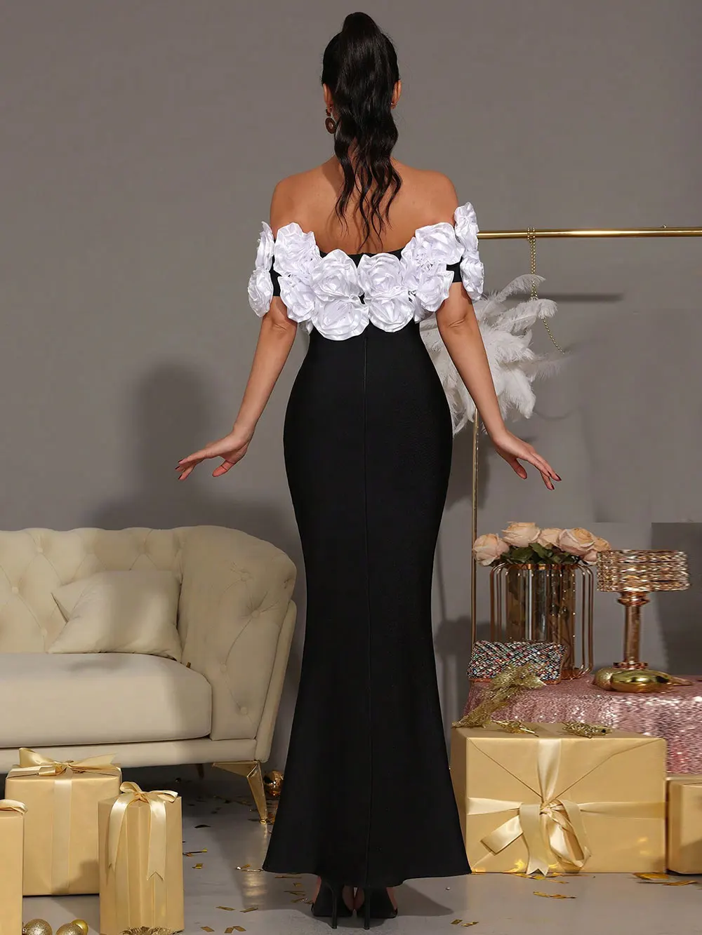 Elegant Women Light Luxury Flower Design Bandage Dress with One Collar Shoulders Bodycon Banquet President's Dress Vestidos - Image 5