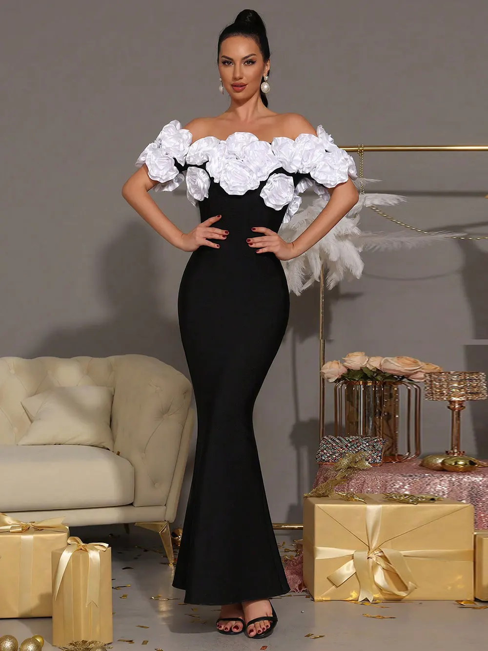 Elegant Women Light Luxury Flower Design Bandage Dress with One Collar Shoulders Bodycon Banquet President's Dress Vestidos - Image 7