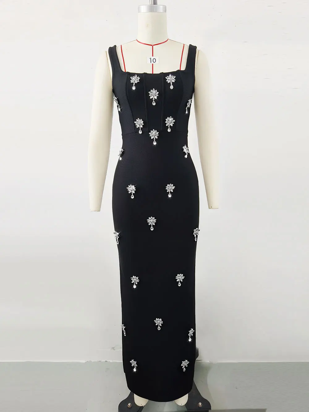 Elegant Women Light Luxury Nail Bead Bandage Dress Camisole Square Neck Sleeveless Bodycon Long Dress Evening Party Vestido - Image 6