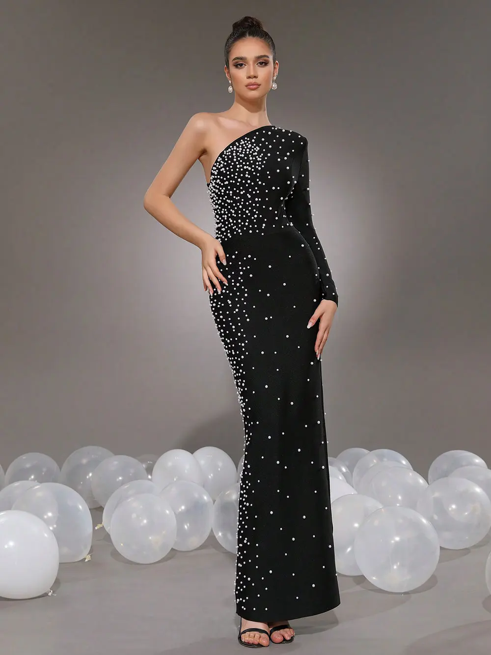 Elegant Women Light Luxury Nail Bead Bandage Dress with Slant Neck Single Shoulder Sleeve Bodycon Black Long Dress Vestidos - Image 3