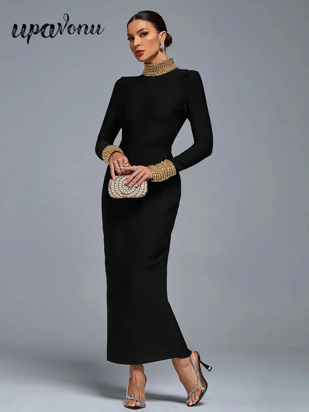 Elegant Women Light Luxury Nail Bead Design Bandage Dress High Collar Long Sleeve Bodycon Long Dress Evening Party Vestidos