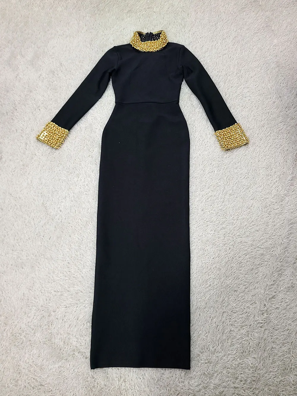 Elegant Women Light Luxury Nail Bead Design Bandage Dress High Collar Long Sleeve Bodycon Long Dress Evening Party Vestidos - Image 2