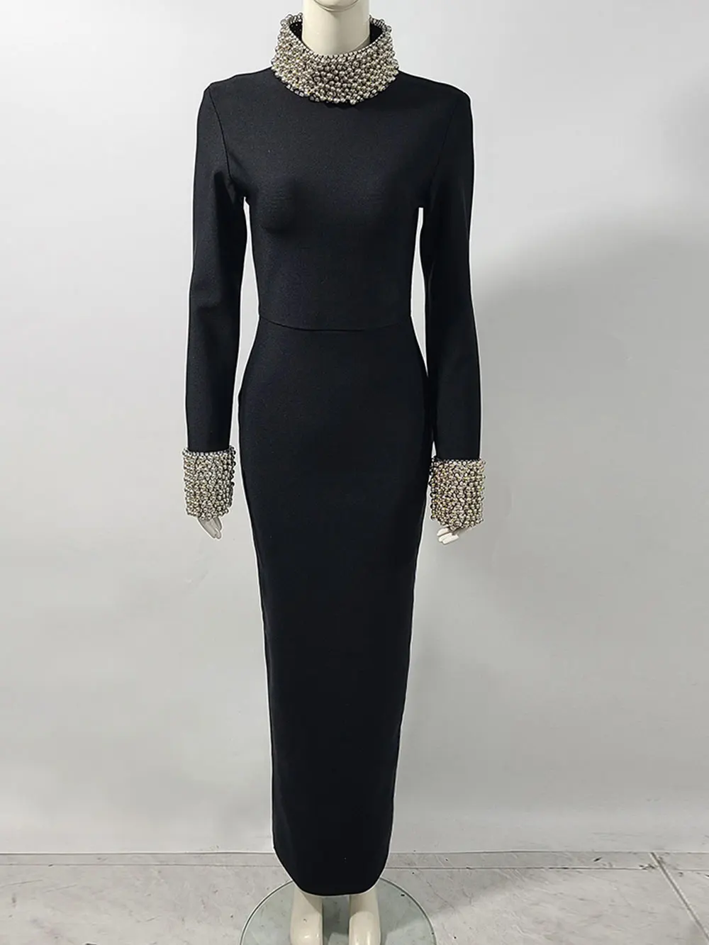 Elegant Women Light Luxury Nail Bead Design Bandage Dress High Collar Long Sleeve Bodycon Long Dress Evening Party Vestidos - Image 3