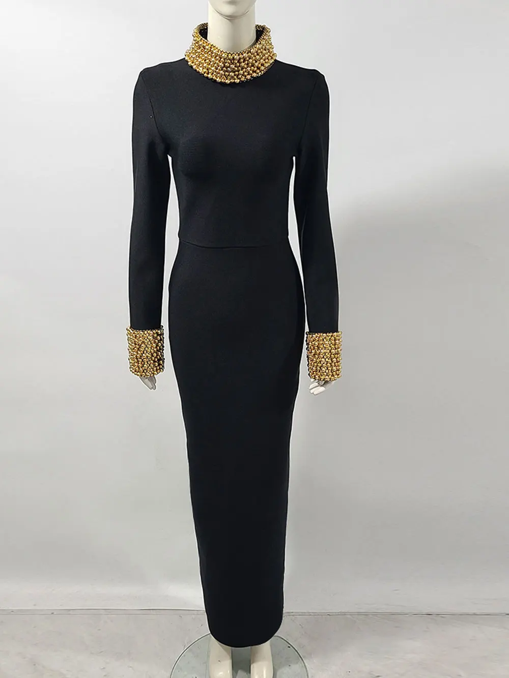 Elegant Women Light Luxury Nail Bead Design Bandage Dress High Collar Long Sleeve Bodycon Long Dress Evening Party Vestidos - Image 4